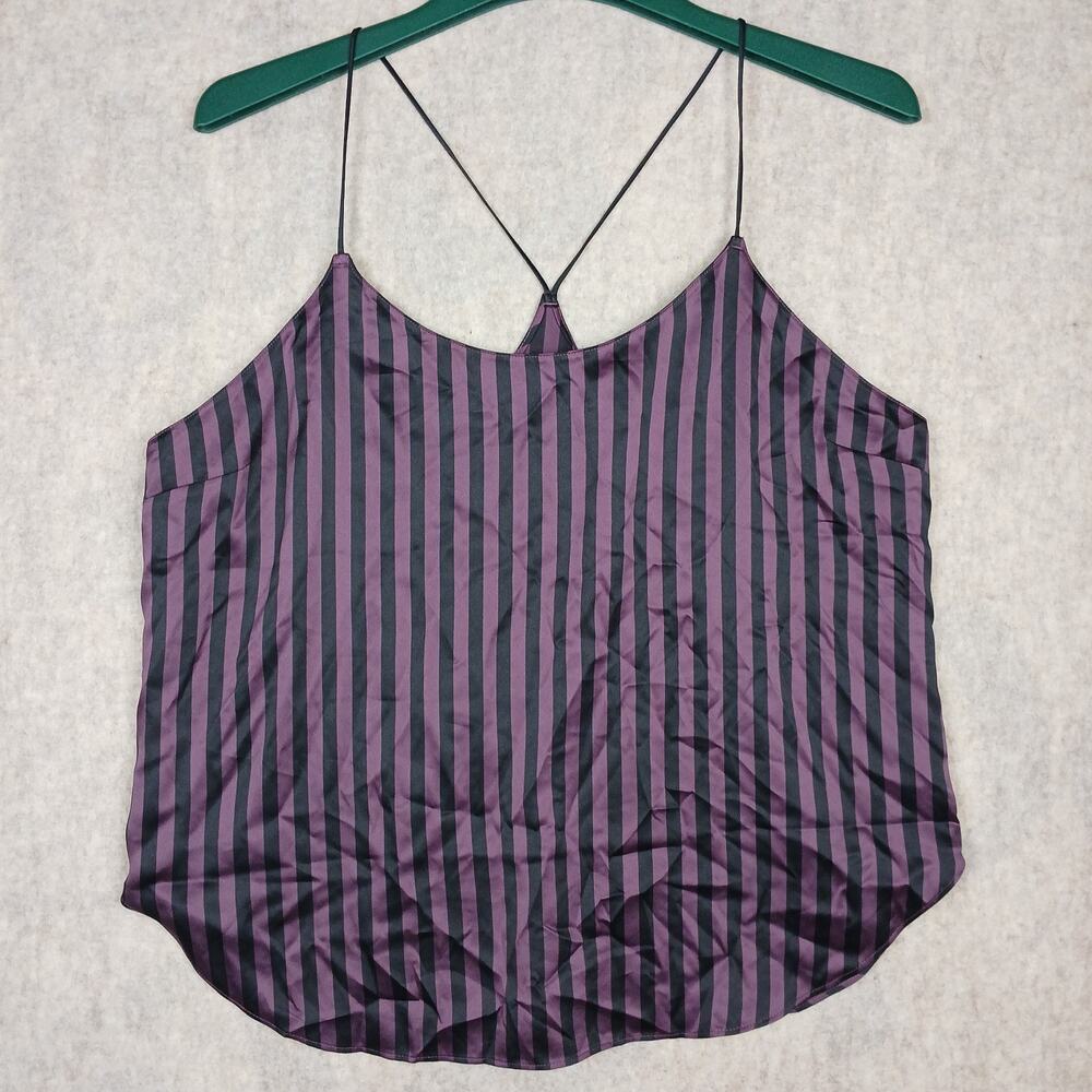 Victoria's Secret Racerback Tank Top Women Large Purple Black Striped Satin NWT
